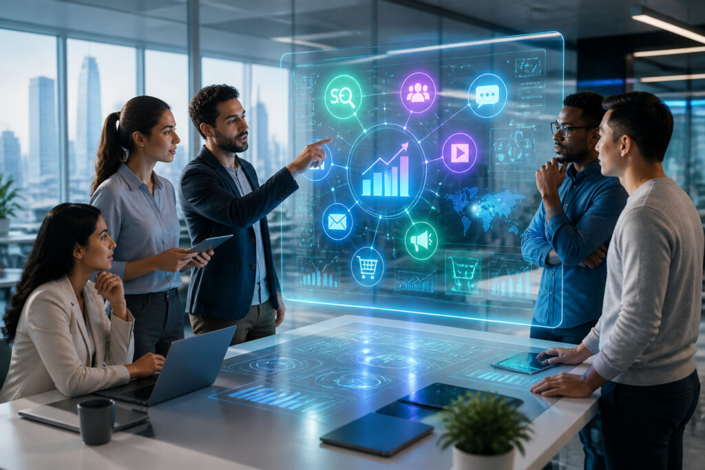 Equipe collaborant sur un ecran holographique
