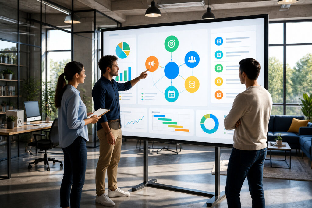 Collaboration et strategie en bureau moderne