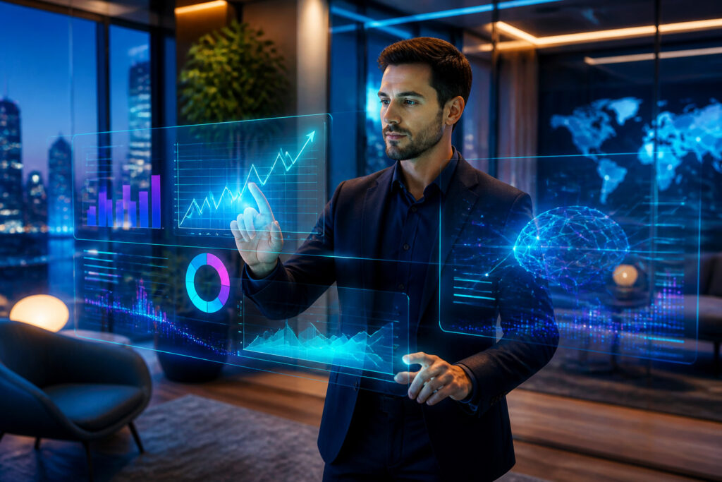 Expert en ia naviguant sur des ecrans holographiques