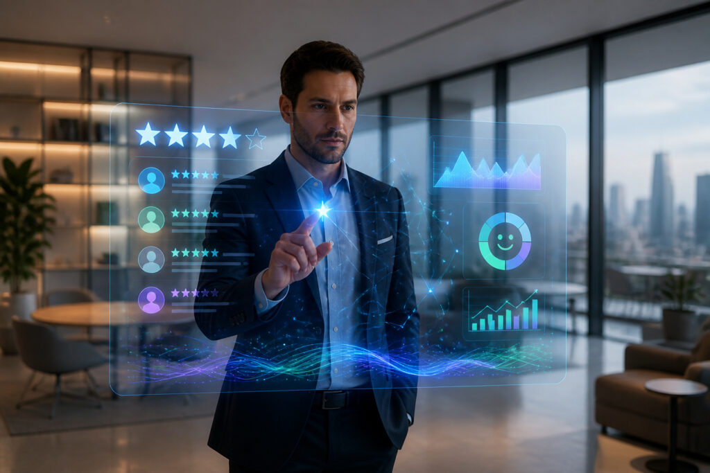 Professionnel interagissant avec un hologramme de donnees