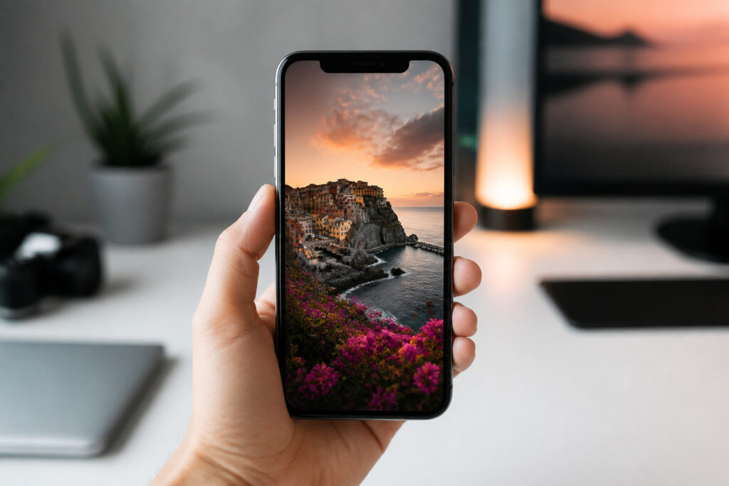 Main de createur tenant un smartphone