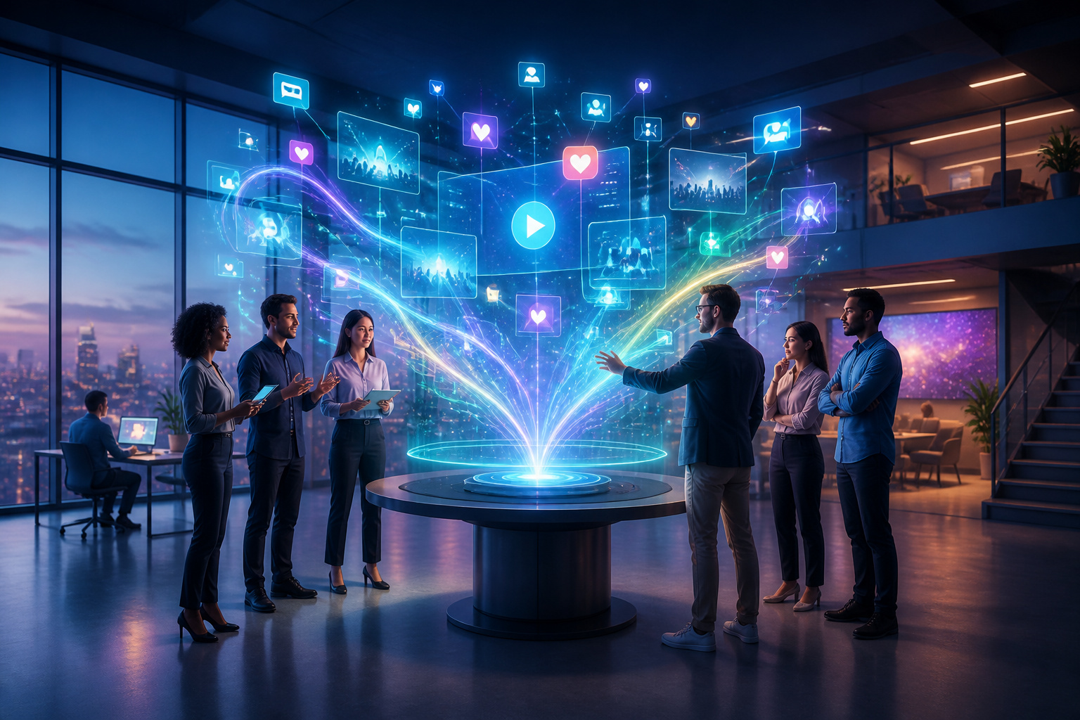 Equipe interagissant avec un affichage holographique