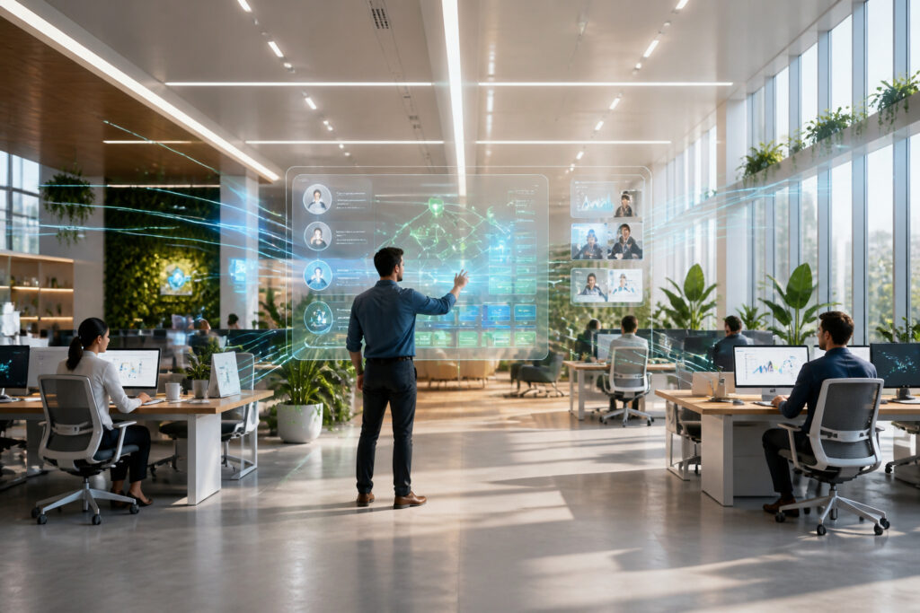 Bureau moderne avec hologramme ia