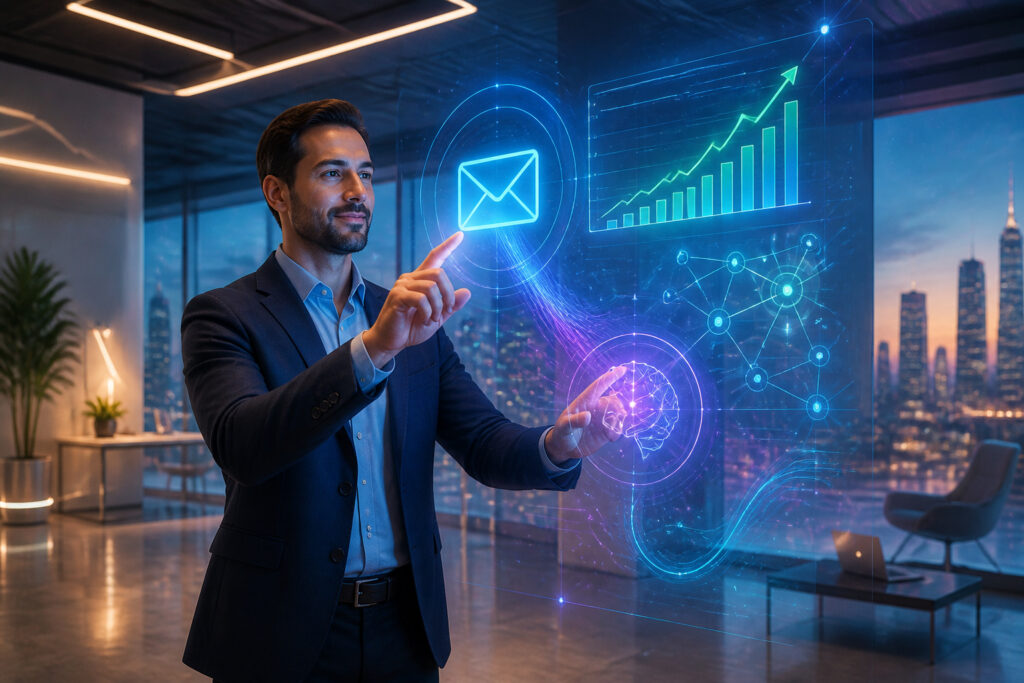 Homme daffaires interagissant avec une interface holographique